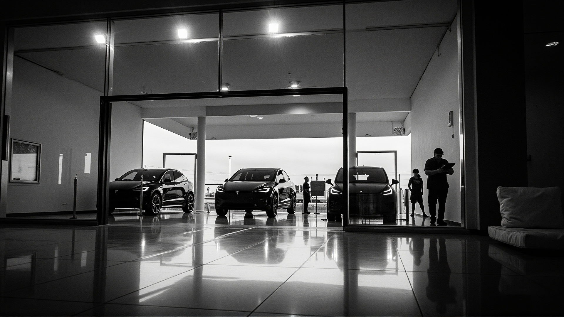 A Tesla showroom with several vehicles but no customers, glass walls, bright lighting, commercial emptiness
