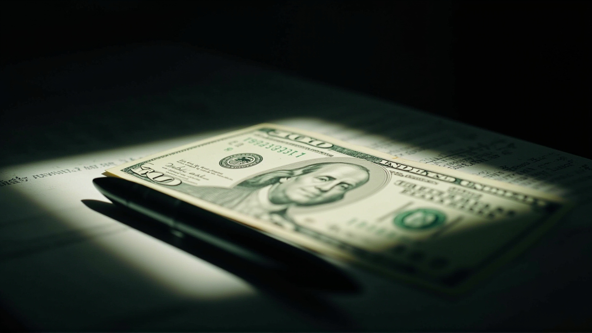 Close-up of a US dollar bill under harsh light, a pen resting beside it, institutional desk surface, no faces visible