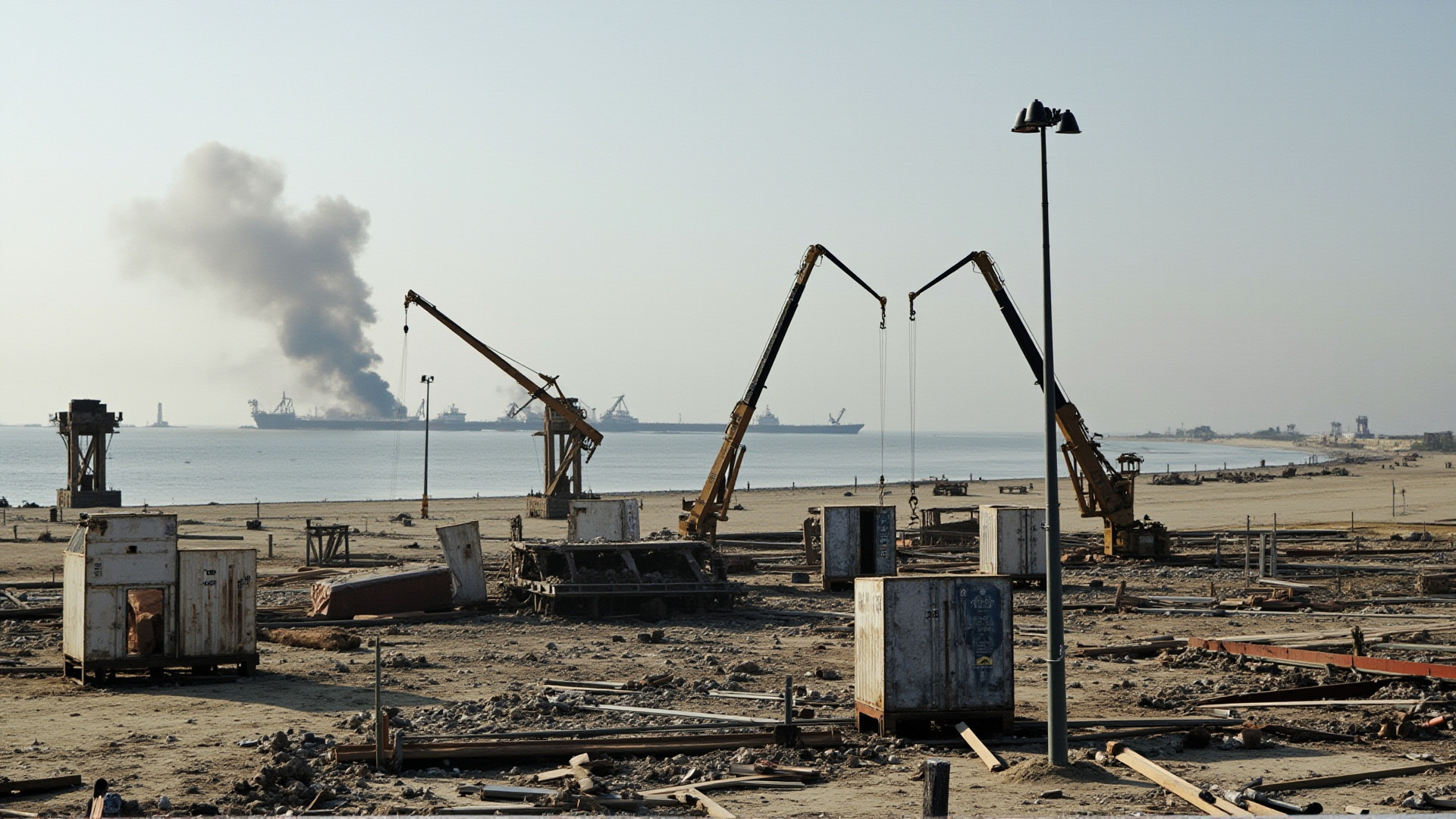 A destroyed port facility, cranes bent, containers scattered, smoke in the distance, Gulf coastline