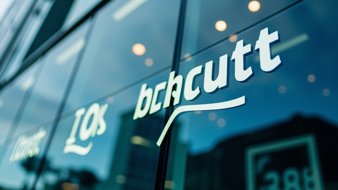 Tech company logos on building glass reflecting sky