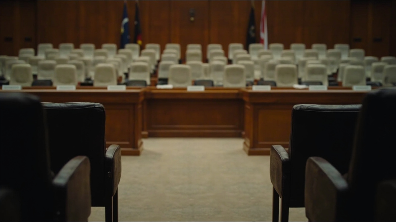 Diplomatic chairs in an empty conference room, symbolic of negotiations that have not and will not occur