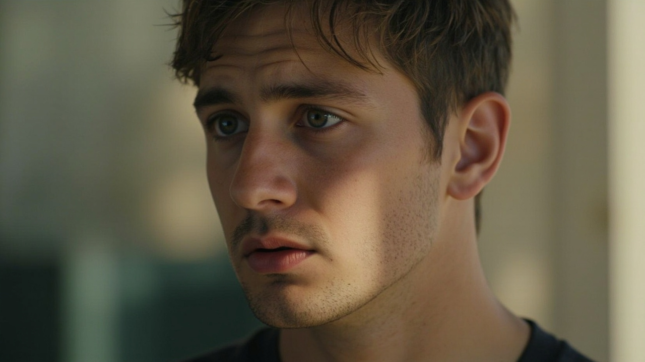 Young man with sharp features, clear skin, angular jawline, looking away from camera in natural light