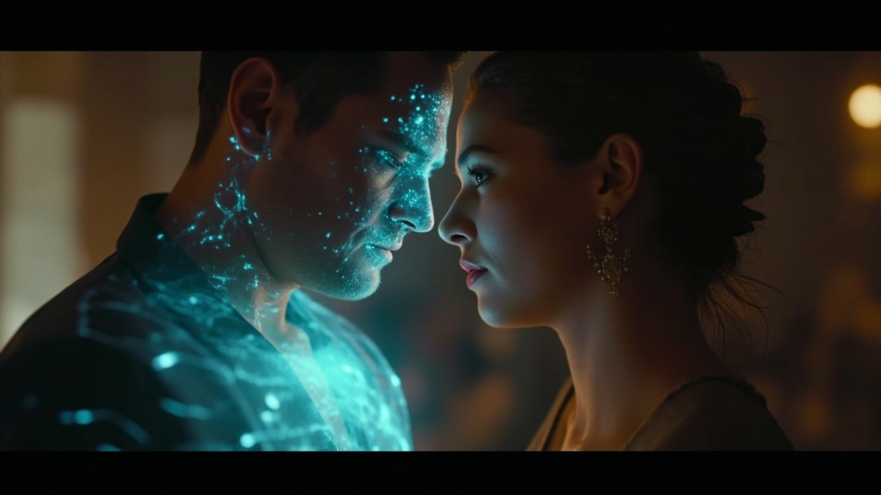 Futuristic intimate scene with holographic figure, warm lighting, suggesting human-AI connection