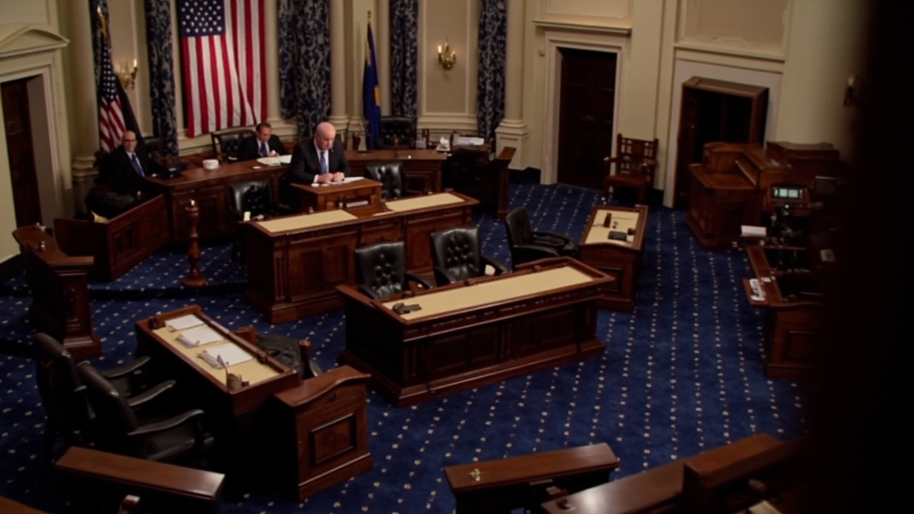 Empty Senate chamber with American flag at half mast during war authorization debate