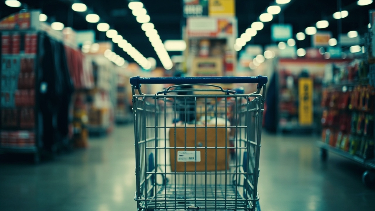Consumer shopping cart in retail store with price tags visible