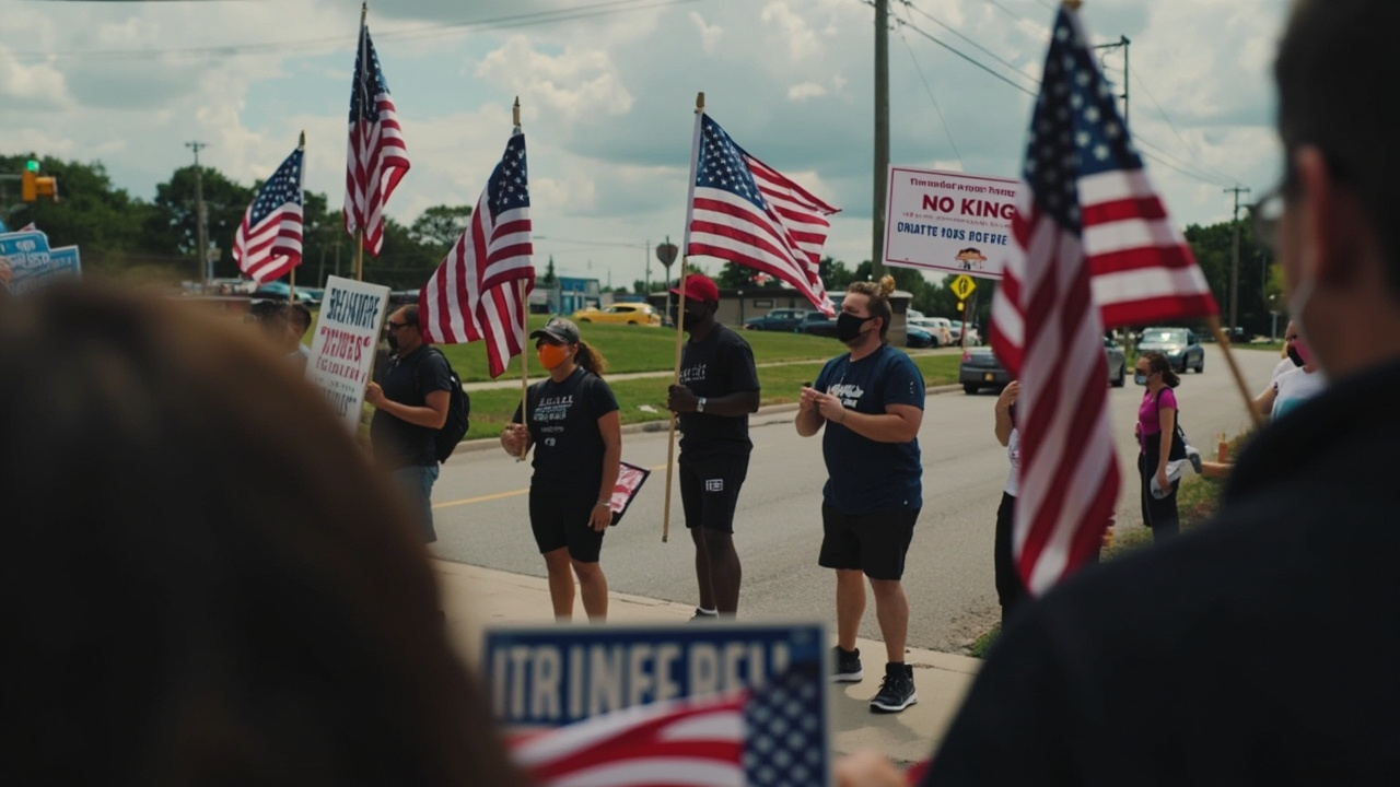 Small counter-protest group holding American flags and support Trump signs at the perimeter of a No Kings rally