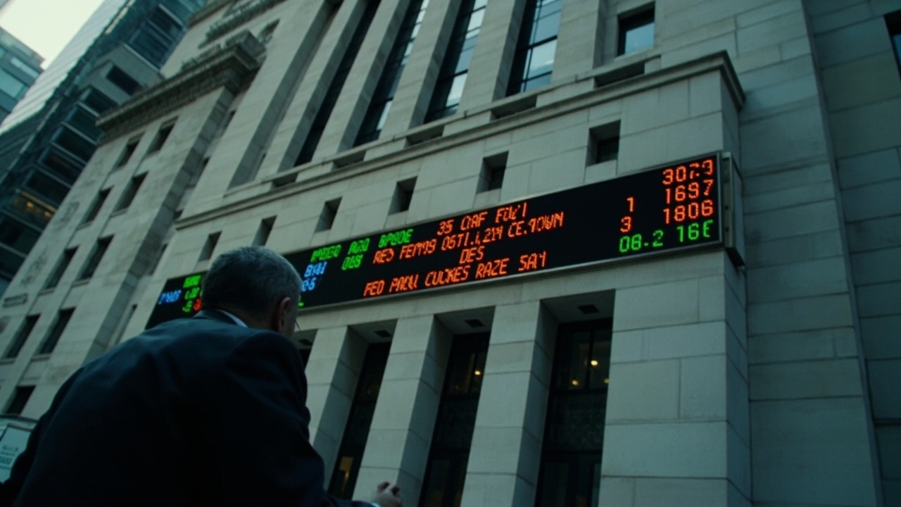 Federal Reserve building exterior with stock market ticker display showing rate decisions