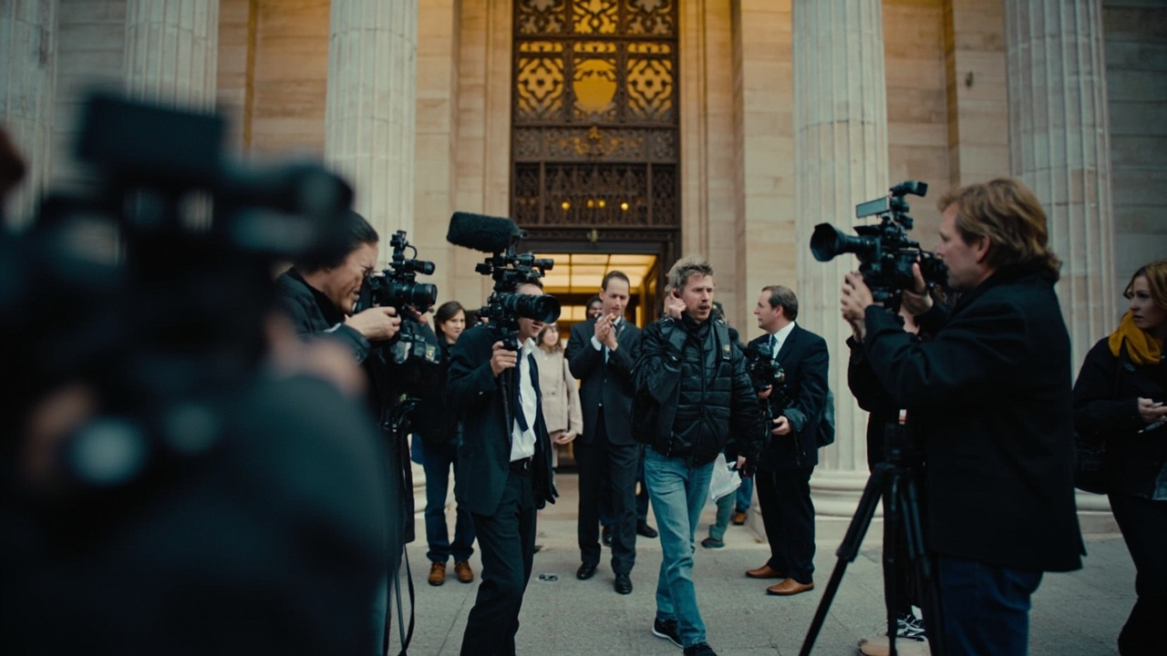 Federal courthouse entrance with press cameras outside ahead of major First Amendment hearing
