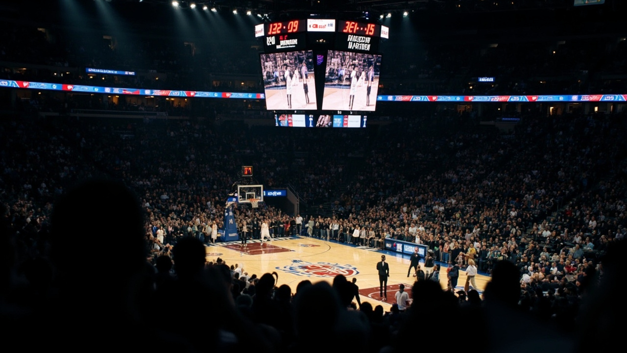 Basketball game in Madison Square Garden, packed crowd, dramatic lighting, court visible