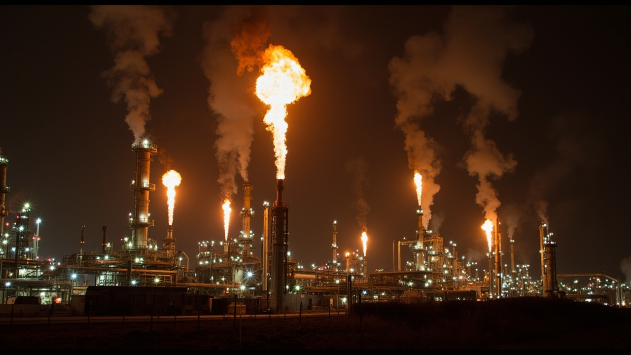 Oil refinery with flares at night representing energy production