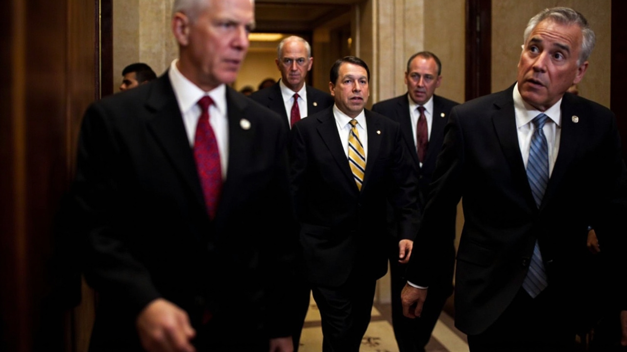 Six Republican senators walking away from Senate chamber after procedural vote on war authorization