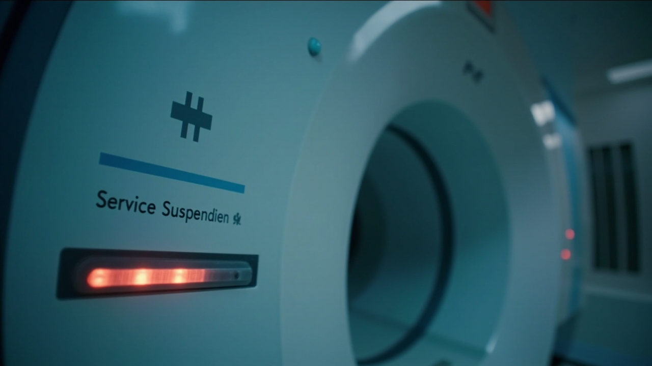 Hospital MRI machine with warning light indicating service suspension