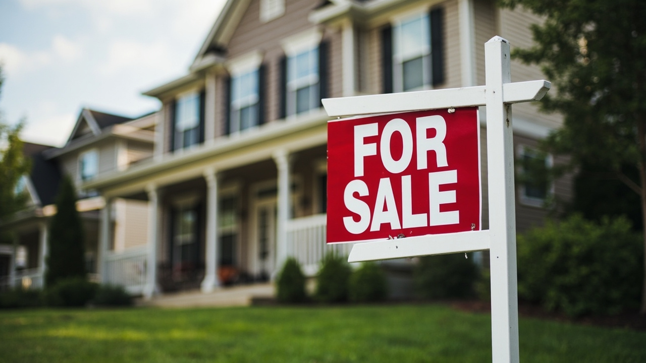 For sale sign in front of house with suburban neighborhood