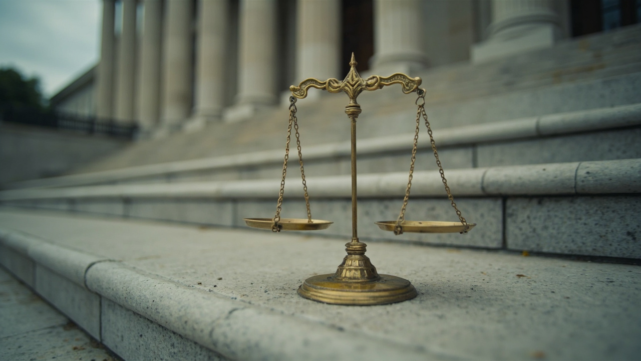 Federal courthouse steps with scales of justice
