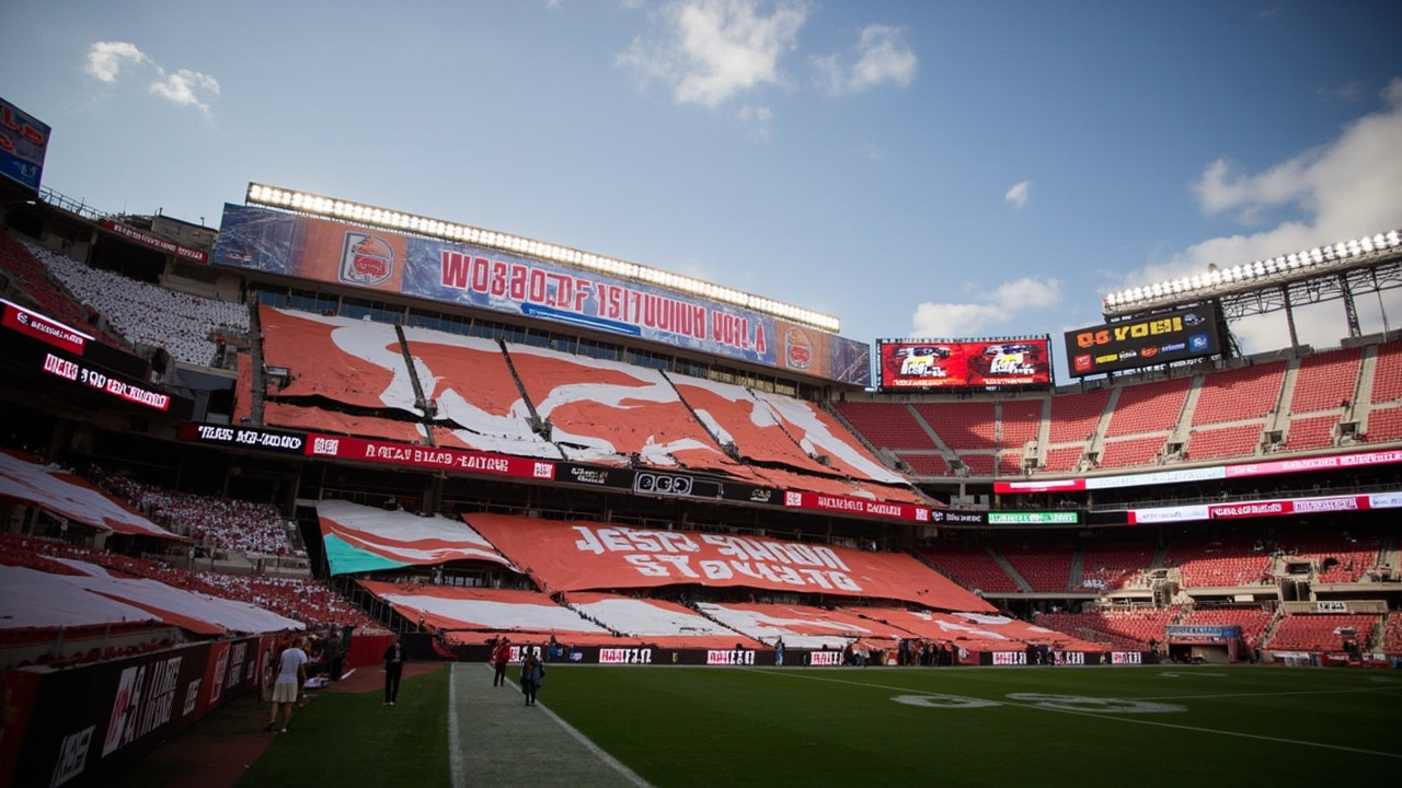 Arrowhead Stadium in Kansas City, World Cup preparation banners visible