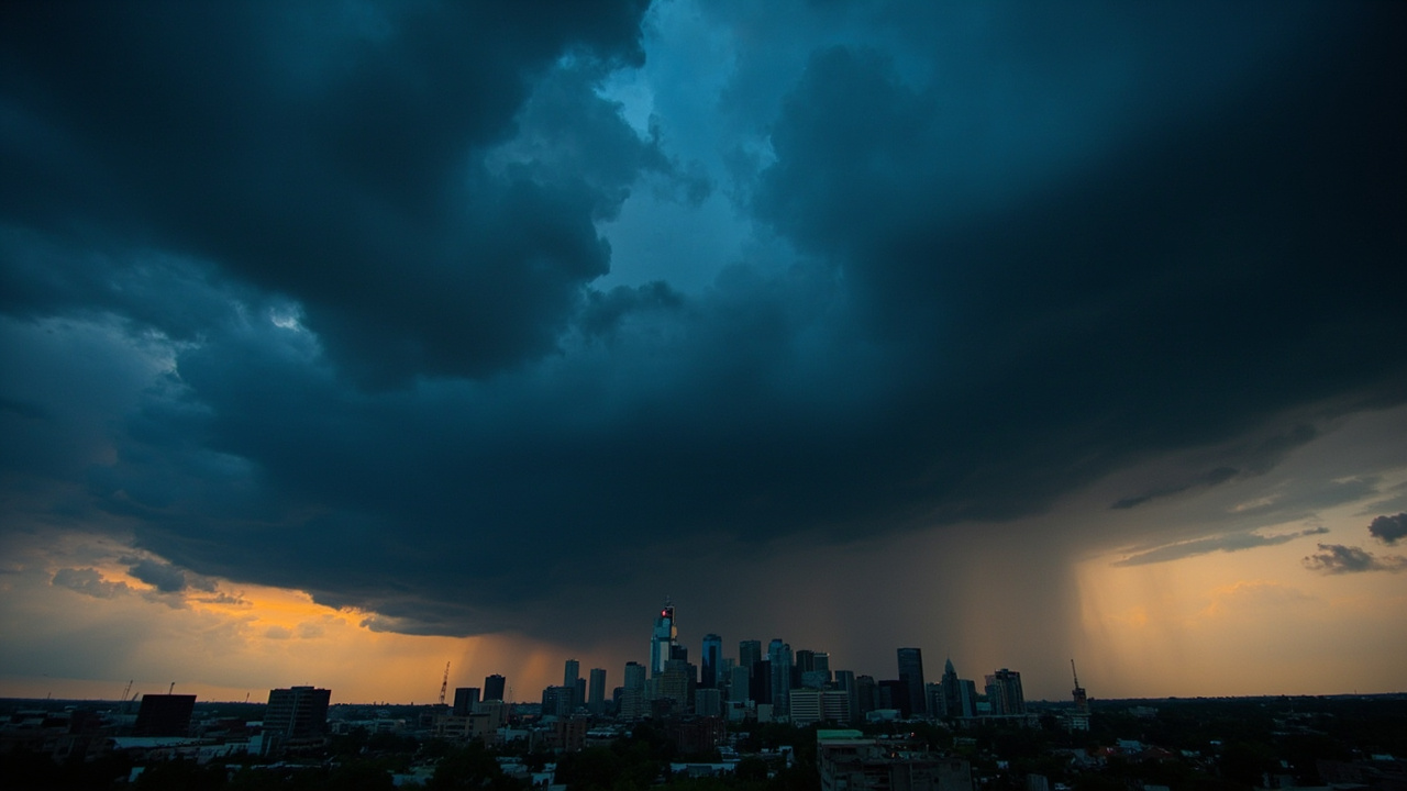 Dark storm clouds over Kansas City skyline, dramatic lighting, suggesting severe weather