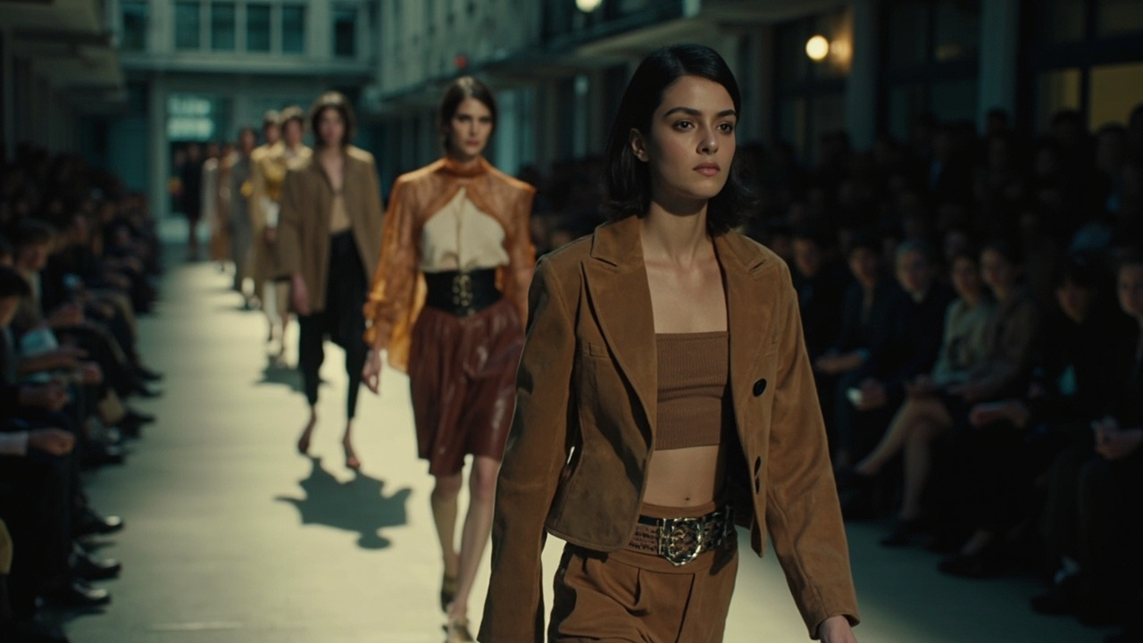 Fashion runway with models in structured clothing, editorial lighting, urban setting