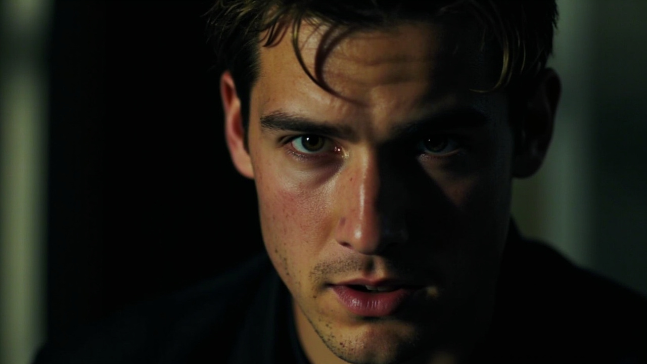 A young man in sharp light, angular jawline, looking directly at camera with measured intensity