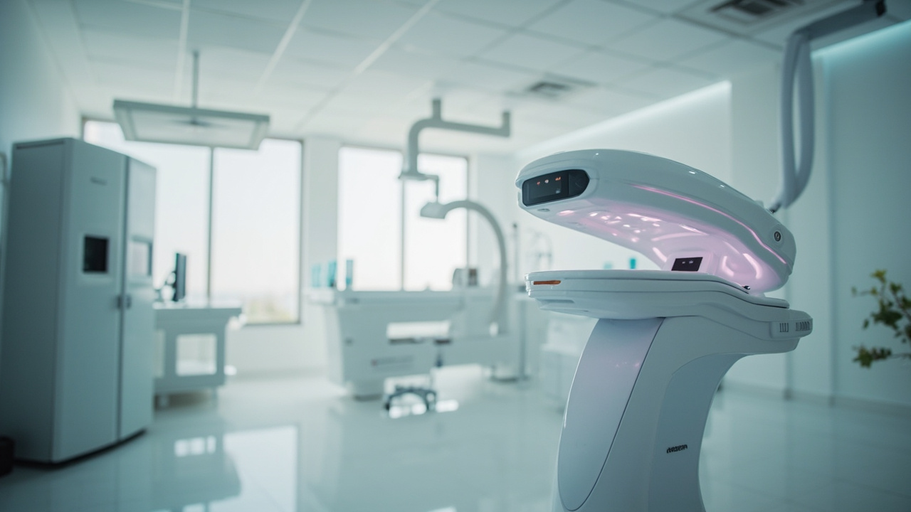Modern wellness clinic interior with clean lines, medical equipment, LED light therapy devices