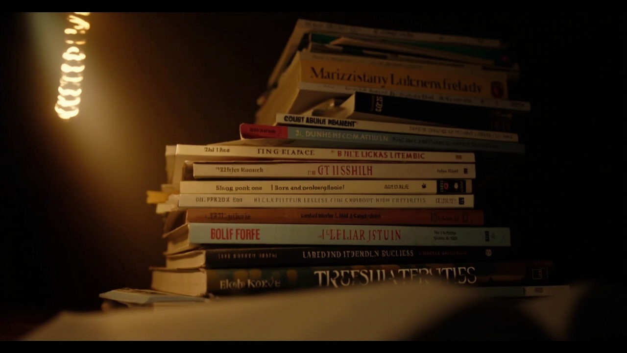 Stack of literary magazines and novels, warm lamp light, suggesting intimate reading experience