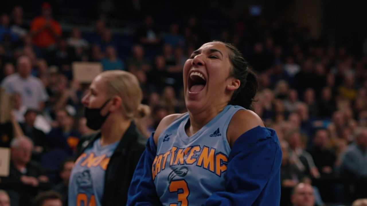 Women's basketball game in packed arena, fan signs visible, energy and excitement