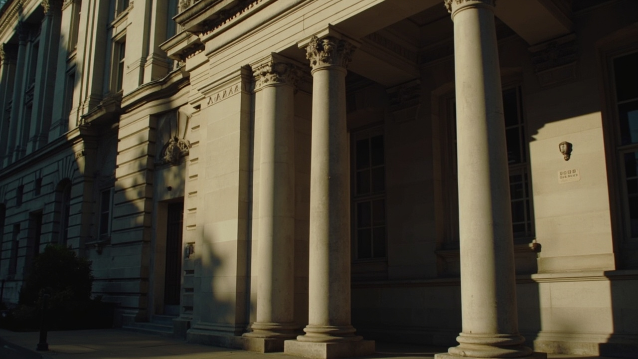 Classical building facade with columns, suggesting institutional permanence, shadowed in afternoon light