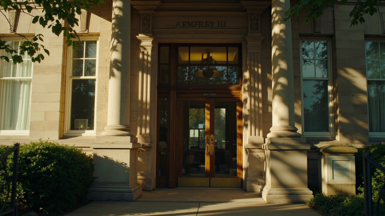 University humanities building entrance, classical architecture, late afternoon light