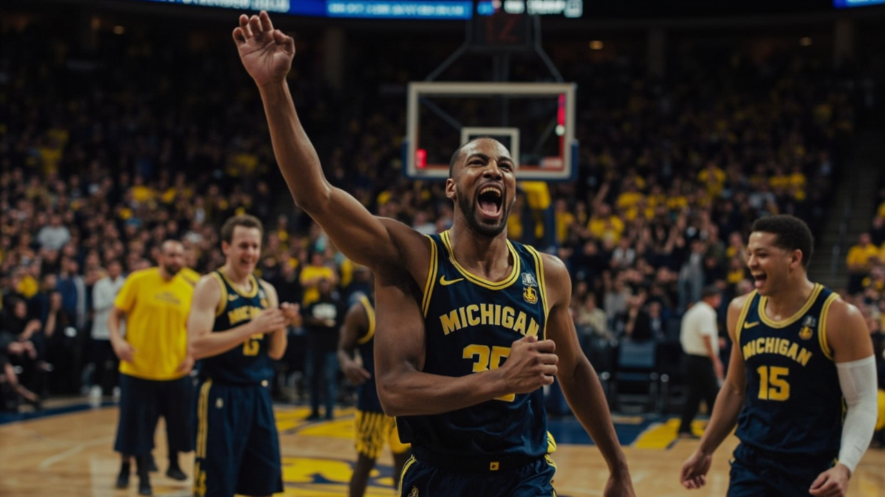 Michigan Wolverines basketball team celebrating on court, maize and blue visible, arena packed