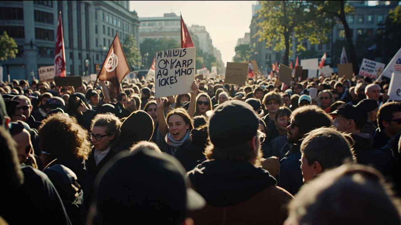 Massive crowd of protesters filling streets with signs reading No Kings and defending democracy at the March 28 No Kings protest