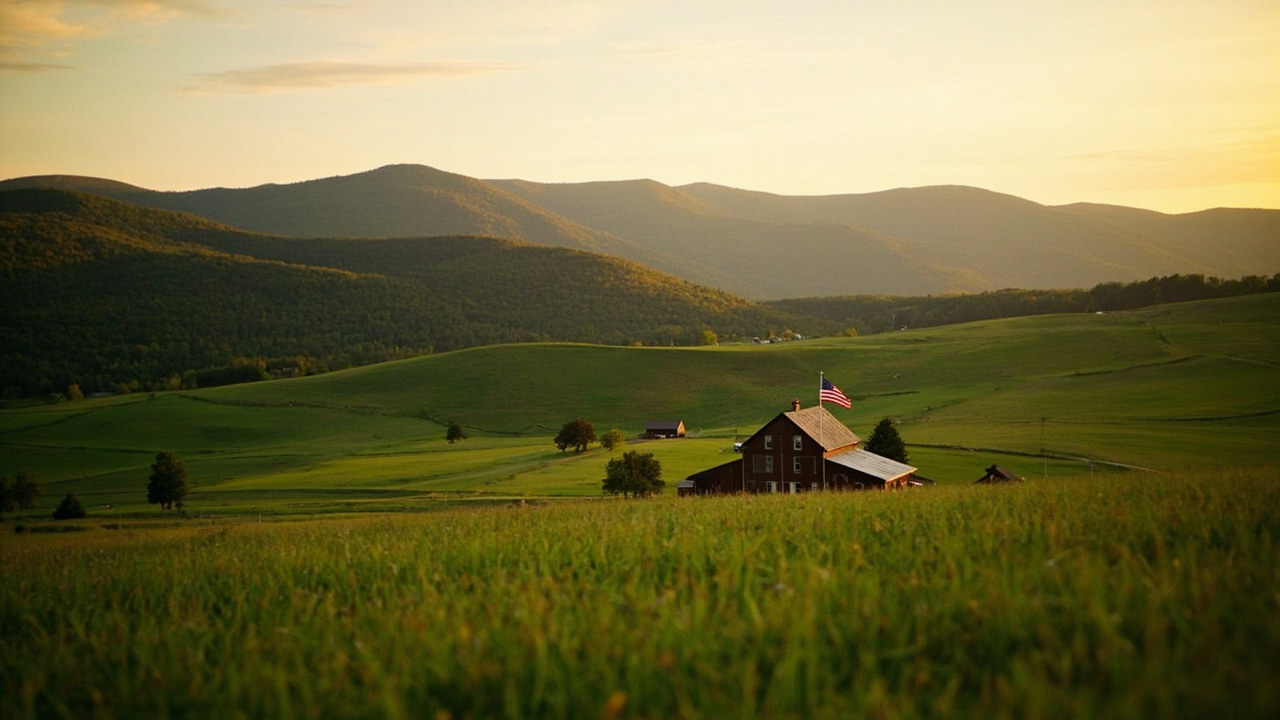 Rural Vermont farmhouse with rolling green hills, American flag, barn in background, golden hour light