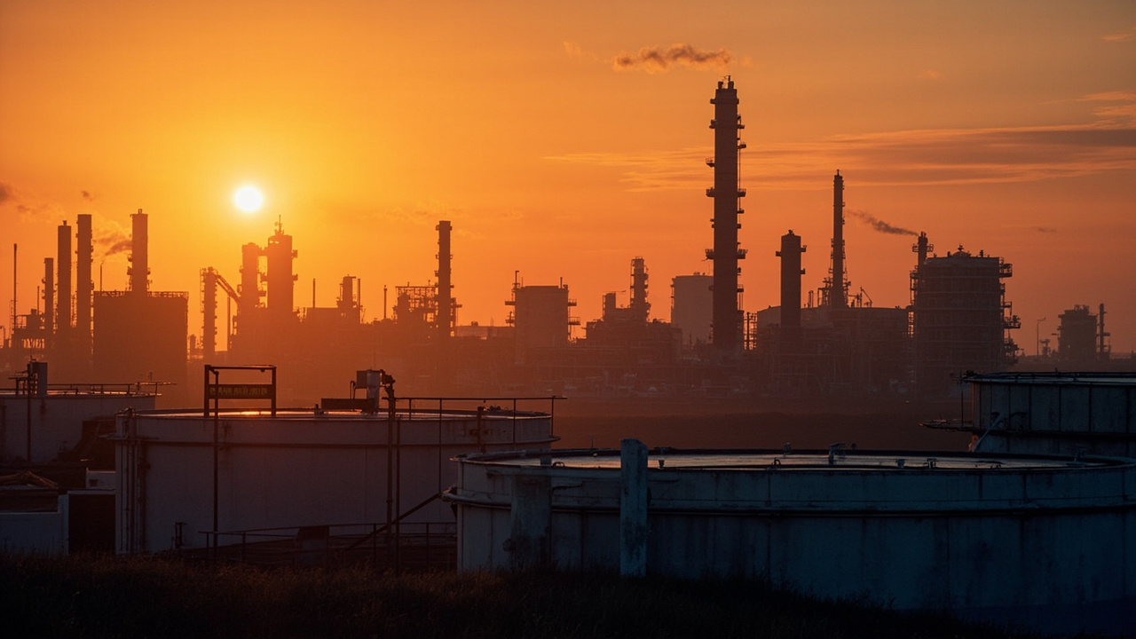 Oil refinery at sunset with storage tanks, representing energy market uncertainty