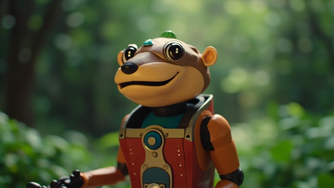 Robot beaver character in forest setting, animated style, colorful and whimsical