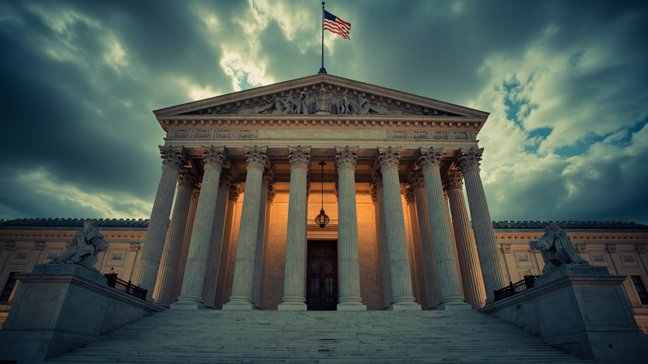 Federal courthouse steps, American flag, classical columns, dramatic sky
