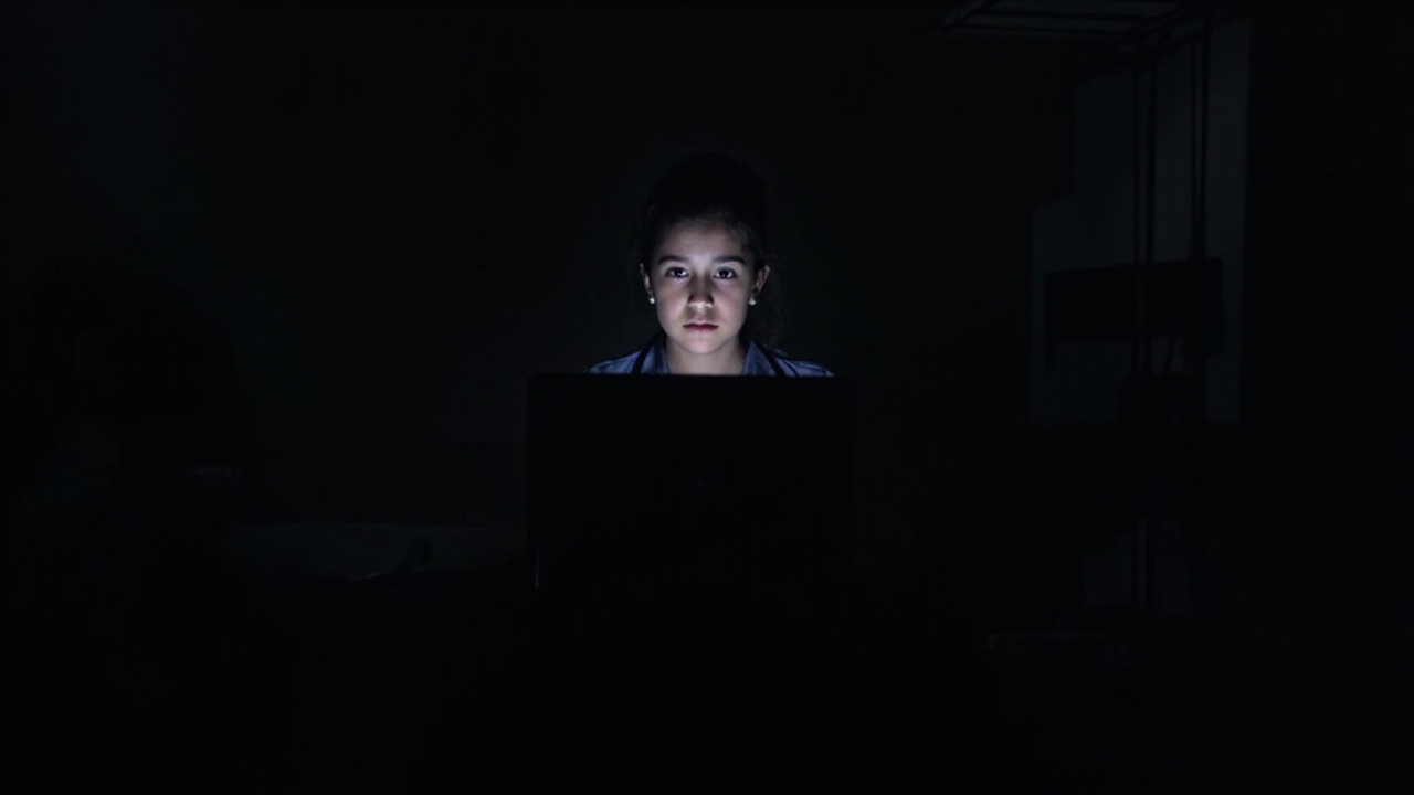 Person alone at laptop in dim room, screen glow illuminating face, suggesting isolation and digital connection
