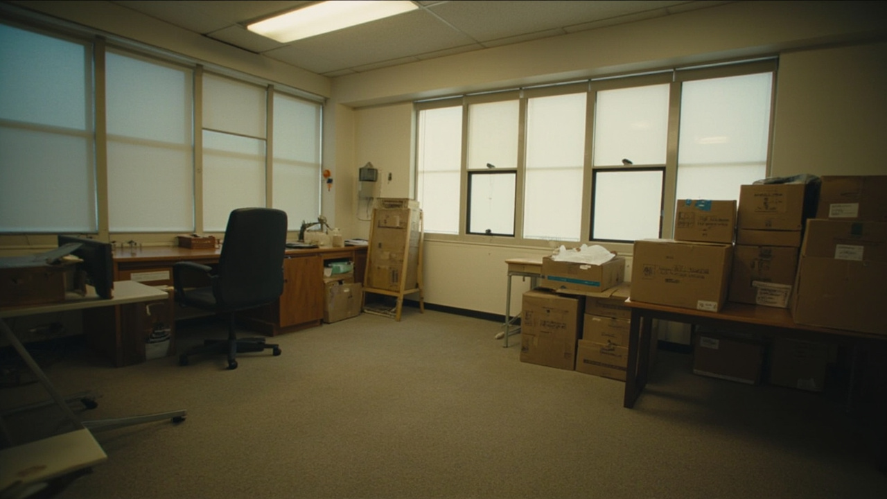 Empty NEH-funded humanities program office with boxes packed after federal funding elimination
