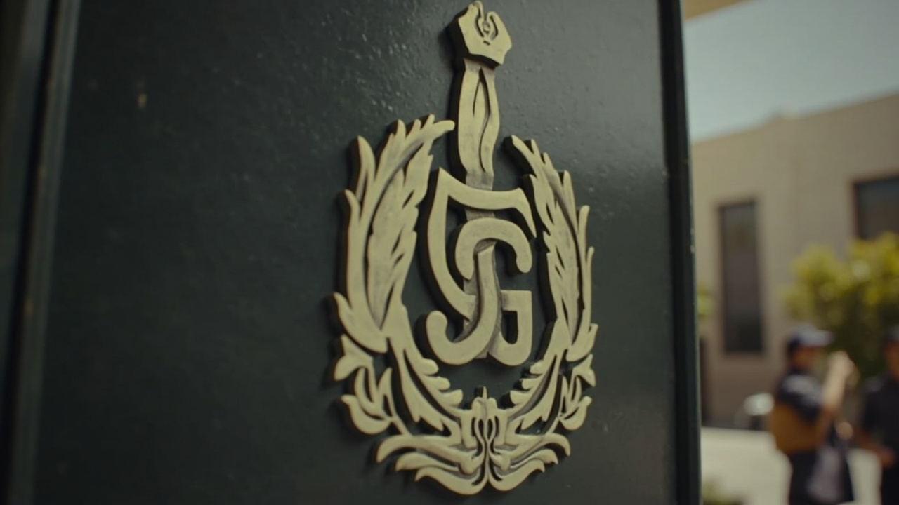 IRGC insignia on a building entrance, representing the force that administers the Hormuz toll system