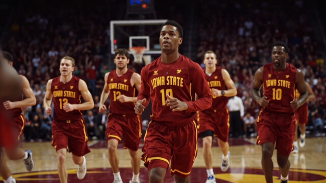 Basketball players on court during intense March Madness Sweet Sixteen game, arena packed with fans, scoreboard visible