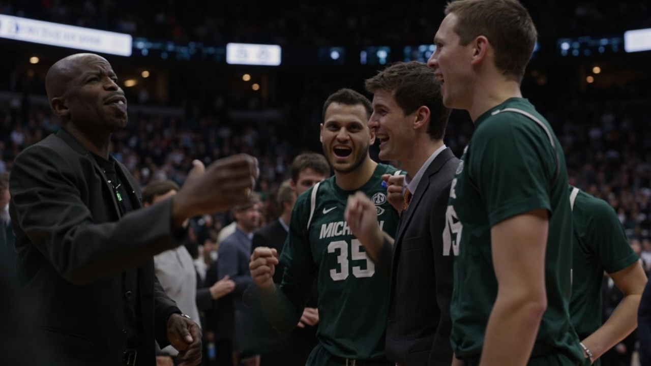 Basketball arena under bright lights during March Madness Sweet Sixteen game, packed crowd, court action visible