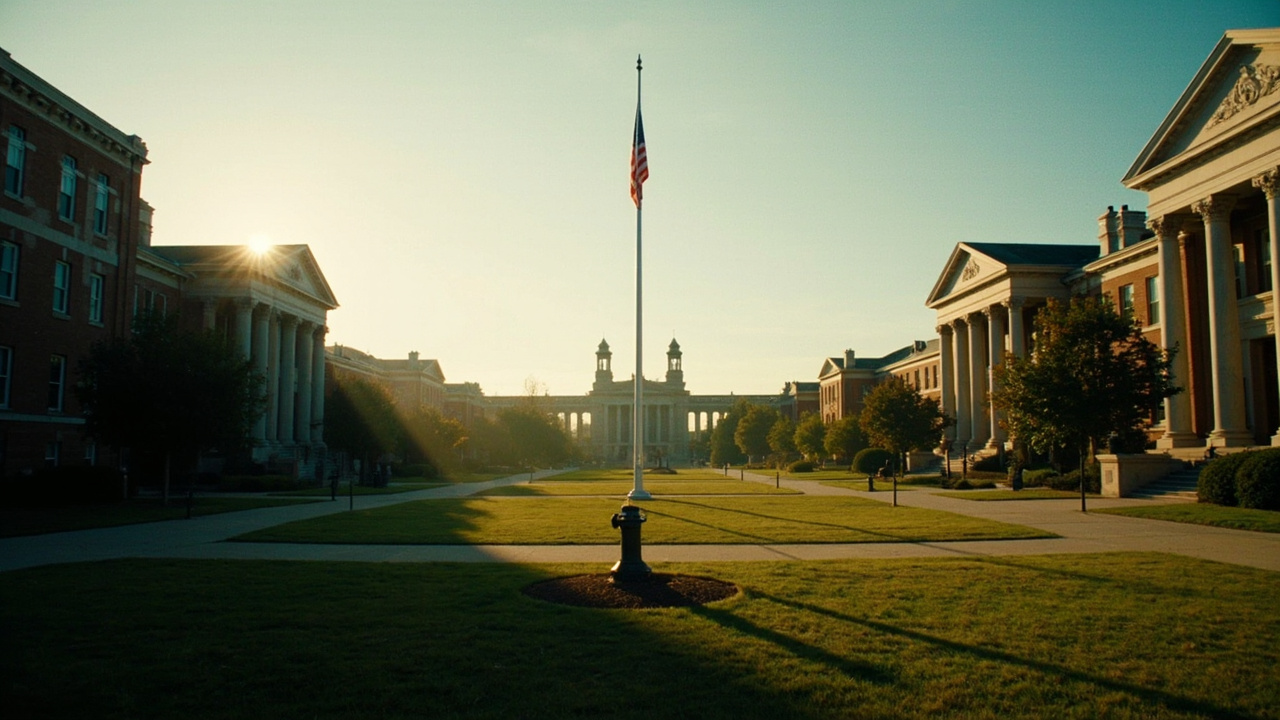 University quad empty in early morning light, classical buildings, American flag at half mast