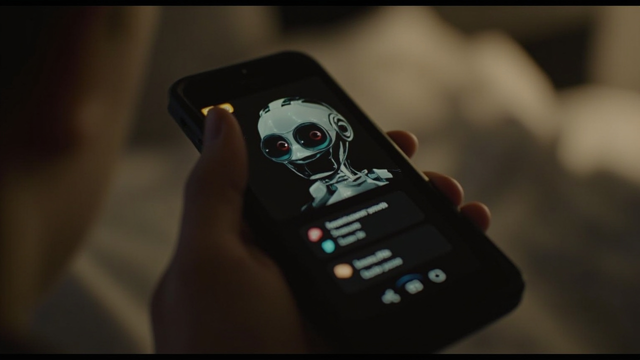 Smartphone with romantic AI chatbot interface, soft lighting, intimate bedroom setting