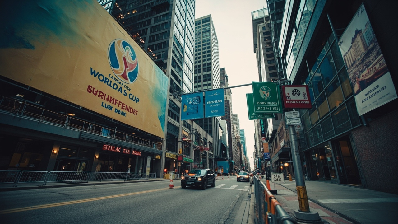 Kansas City downtown with World Cup banners, construction barriers visible, suggesting preparation