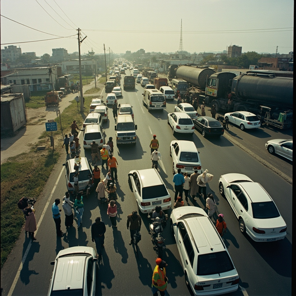 A fuel station in Lusaka, Zambia with a handwritten 'No Fuel' sign on the pump, a line of vehicles stretching into the distance, midday heat shimmer