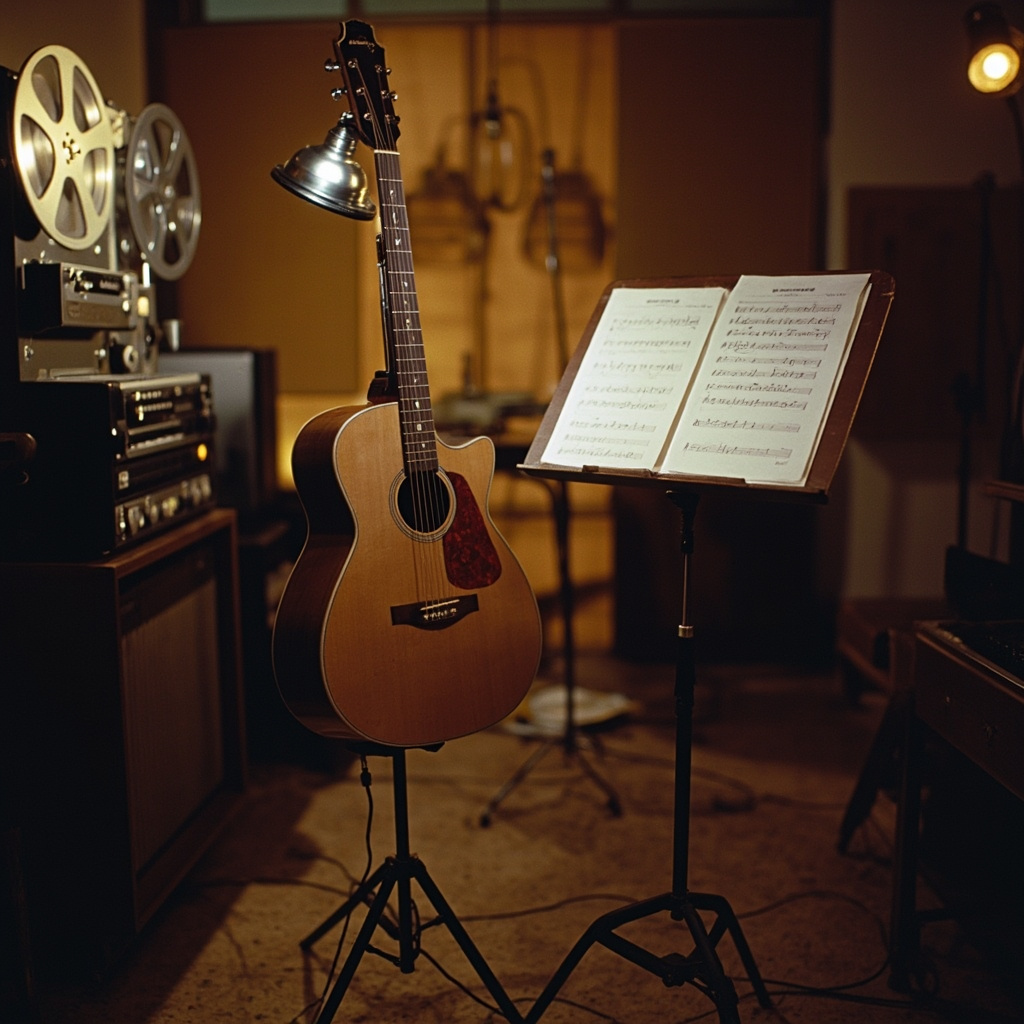 A vintage microphone in a dimly lit recording studio, sheet music scattered on a piano, warm golden light from a desk lamp