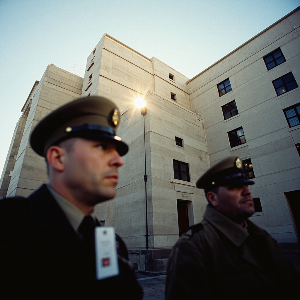 The Pentagon building seen from above through cloud cover, the five-sided structure casting a long shadow, late afternoon light, documentary tone