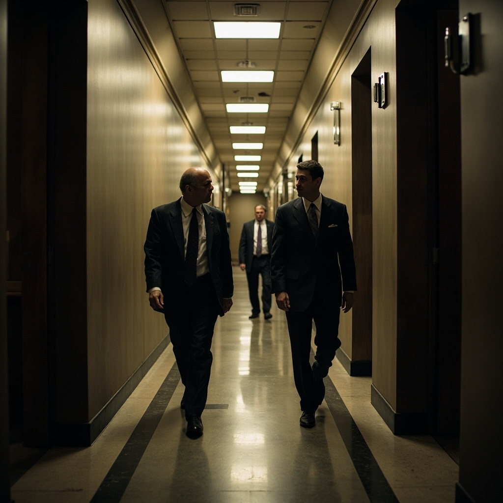 A courthouse exterior with columns, shot from below at an angle, partially obscured by clouds, a single figure walking up the steps