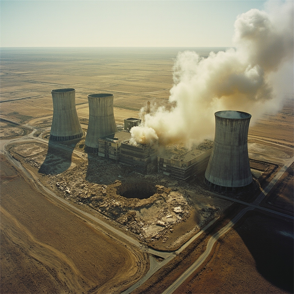 Thick smoke rising from an industrial complex in an arid landscape, seen from satellite perspective, buildings partially destroyed, surrounding terrain brown and barren