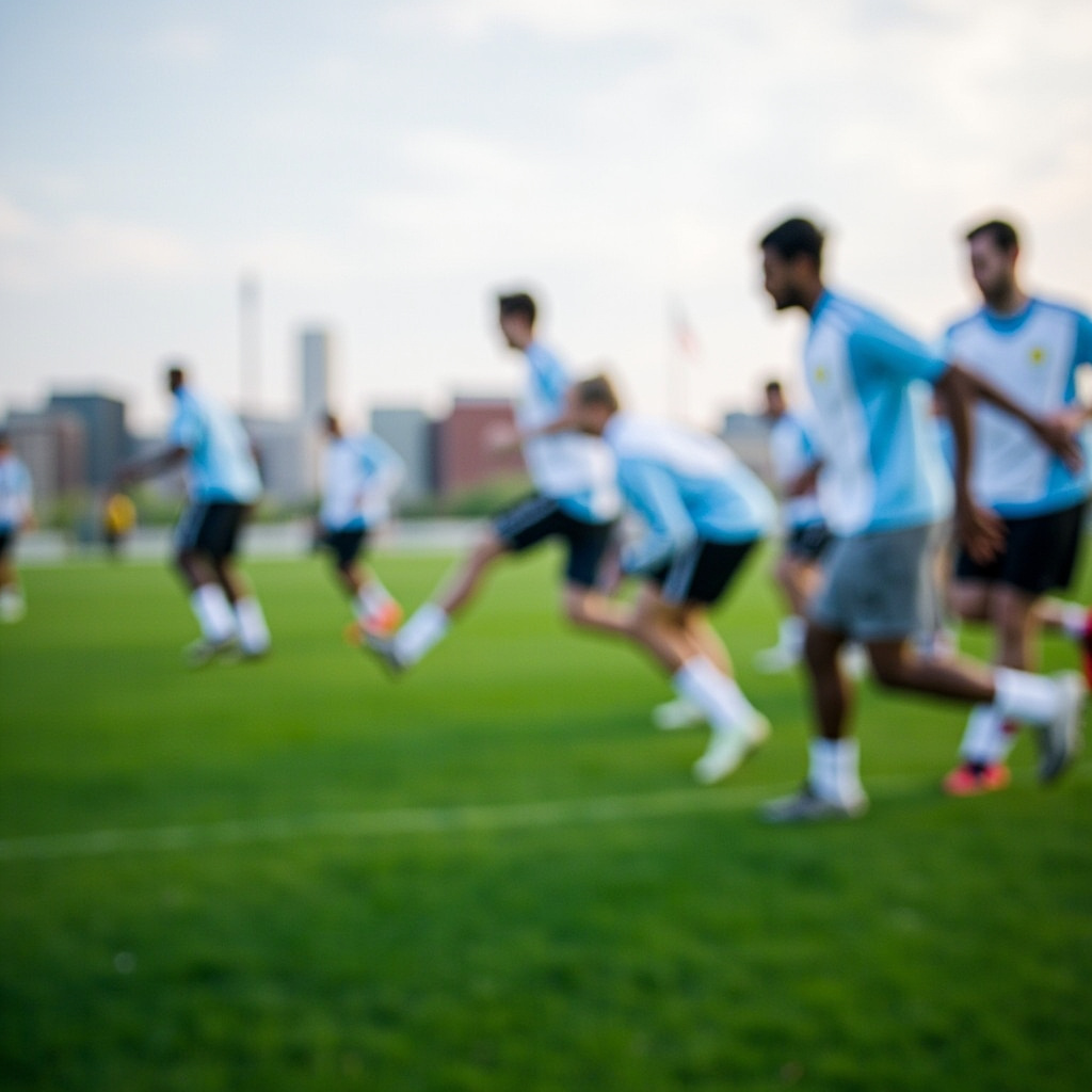 A professional soccer training facility with pristine green pitches, a modern stadium in the background, clear sky, Kansas City skyline distant