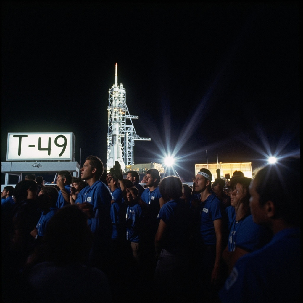 The SLS rocket on the launch pad at Kennedy Space Center, illuminated by xenon lights at twilight, steam venting from the base