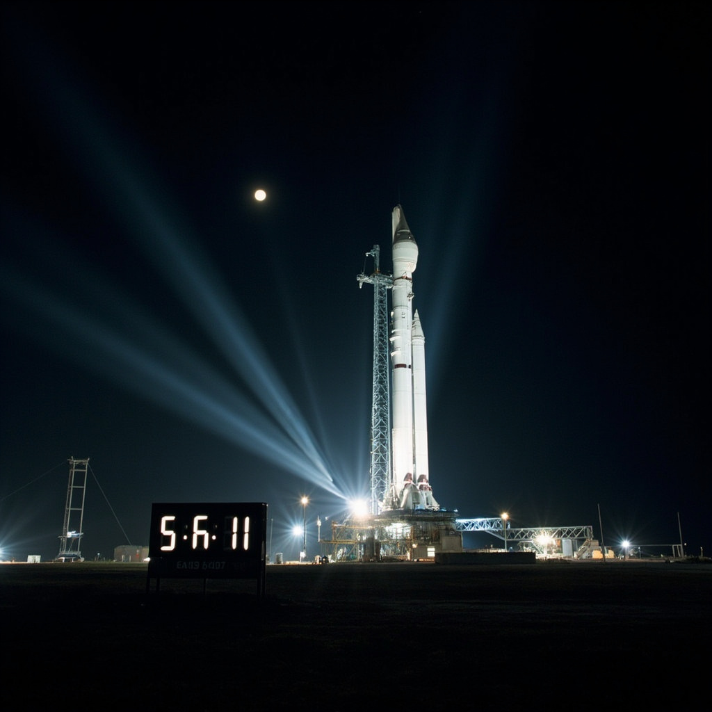 The Space Launch System rocket on Launch Pad 39B at Kennedy Space Center, illuminated by xenon spotlights against a dark Florida sky, the moon visible above