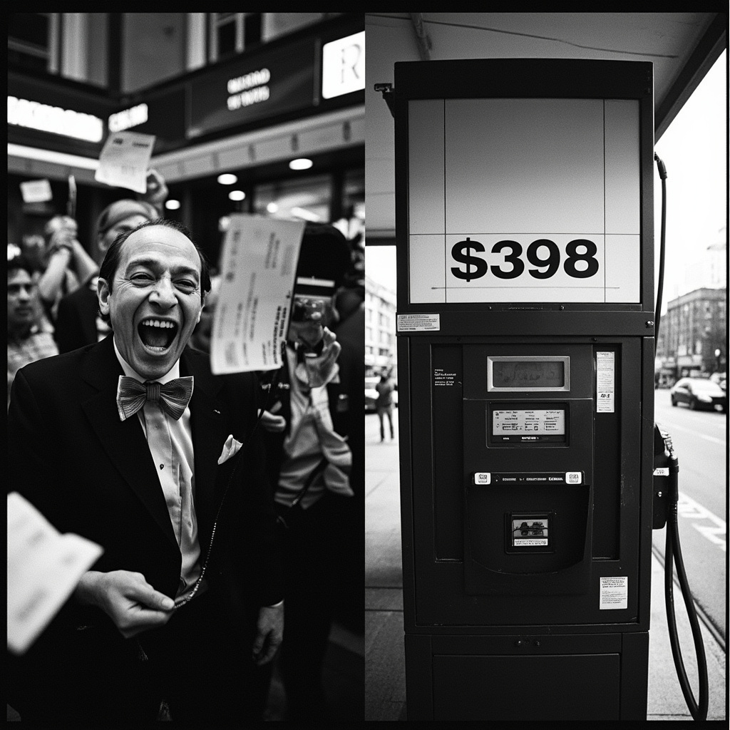 A split composition: Wall Street skyscrapers gleaming on the left, a gas station price sign showing near $4 on the right, dusk light